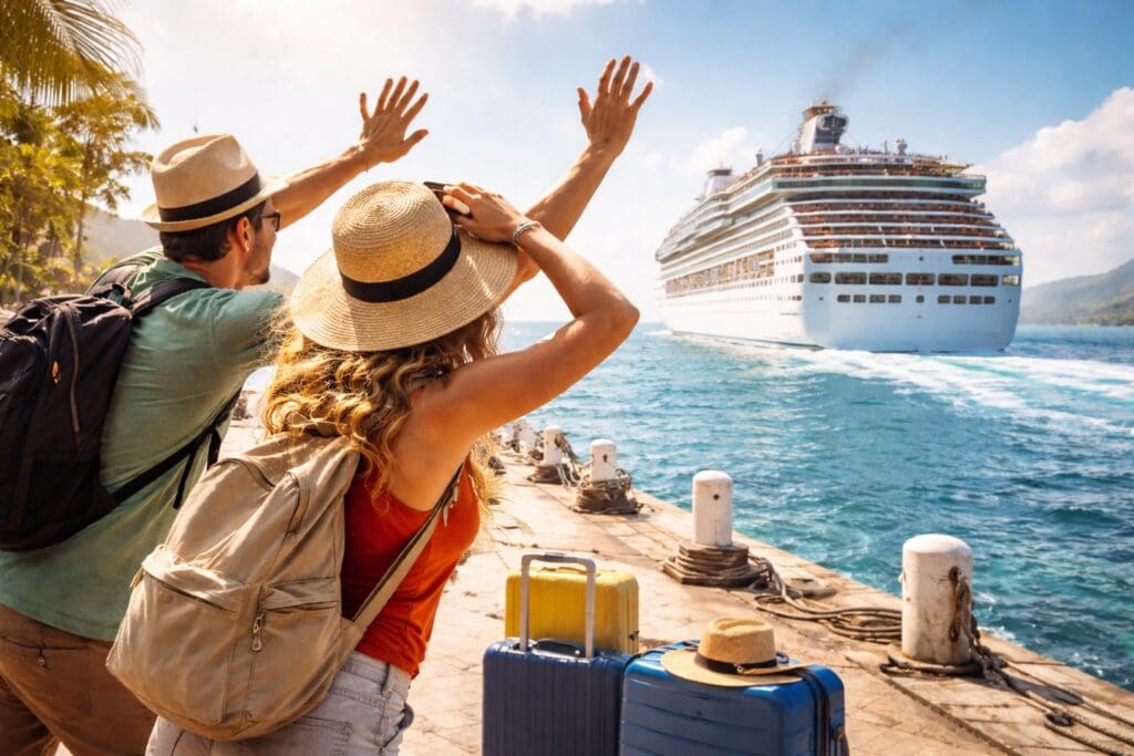 A man and a woman are standing on a dock, waving at a large cruise ship departing in the distance. They are wearing summer hats and backpacks. There are suitcases and another hat on the ground beside them. The scene is sunny, with clear blue water and a palm tree visible on the left.