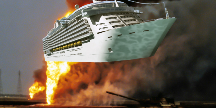 A large cruise ship is digitally superimposed to appear as if it is flying over a dramatic scene of fire and smoke. Below, there is a tank on a barren landscape, with large flames and thick black smoke billowing into the sky. The image combines elements of maritime and military themes in a surreal manner.