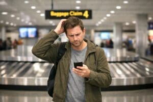 A passenger looks at his phone, confused about where his checked luggage is.