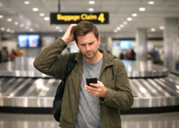 A passenger looks at his phone, confused about where his checked luggage is.