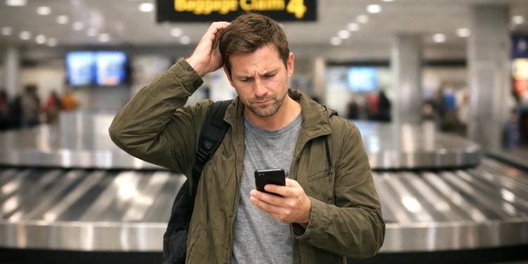 A passenger looks at his phone, confused about where his checked luggage is.