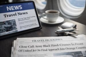 Travel news setup in airport lounge with tablet, coffee, and model airplane on table