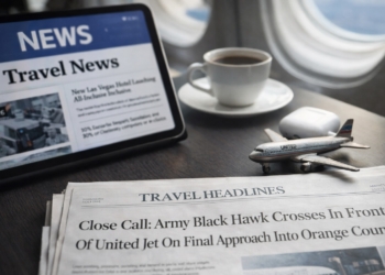Travel news setup in airport lounge with tablet, coffee, and model airplane on table