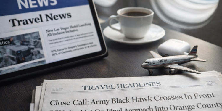Travel news setup in airport lounge with tablet, coffee, and model airplane on table
