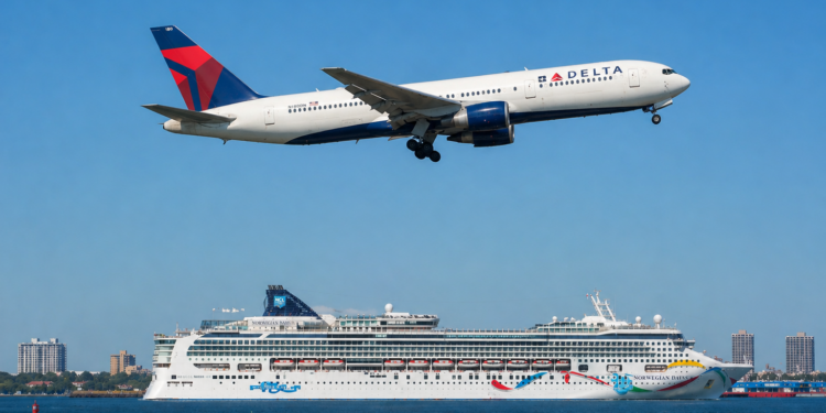 A Delta Air Lines 767 flies over an NCL cruise ship in a harbor