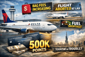 Delta airplane at airport alongside travel credit cards and headlines about fees and travel disruptions