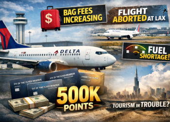 Delta airplane at airport alongside travel credit cards and headlines about fees and travel disruptions