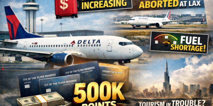 Delta airplane at airport alongside travel credit cards and headlines about fees and travel disruptions