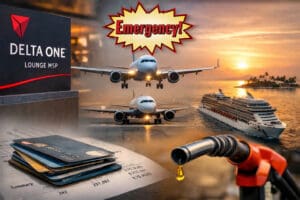 Delta One Lounge MSP sign, airplane near-collision with “Emergency” graphic, cruise ship at sunset, and rising fuel costs concept