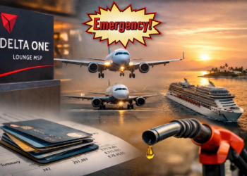Delta One Lounge MSP sign, airplane near-collision with “Emergency” graphic, cruise ship at sunset, and rising fuel costs concept