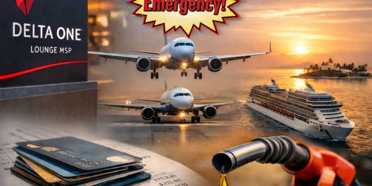 Delta One Lounge MSP sign, airplane near-collision with “Emergency” graphic, cruise ship at sunset, and rising fuel costs concept