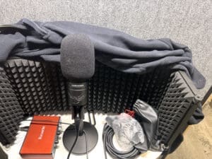 A voiceover set up in a Delta Sky Club phone booth
