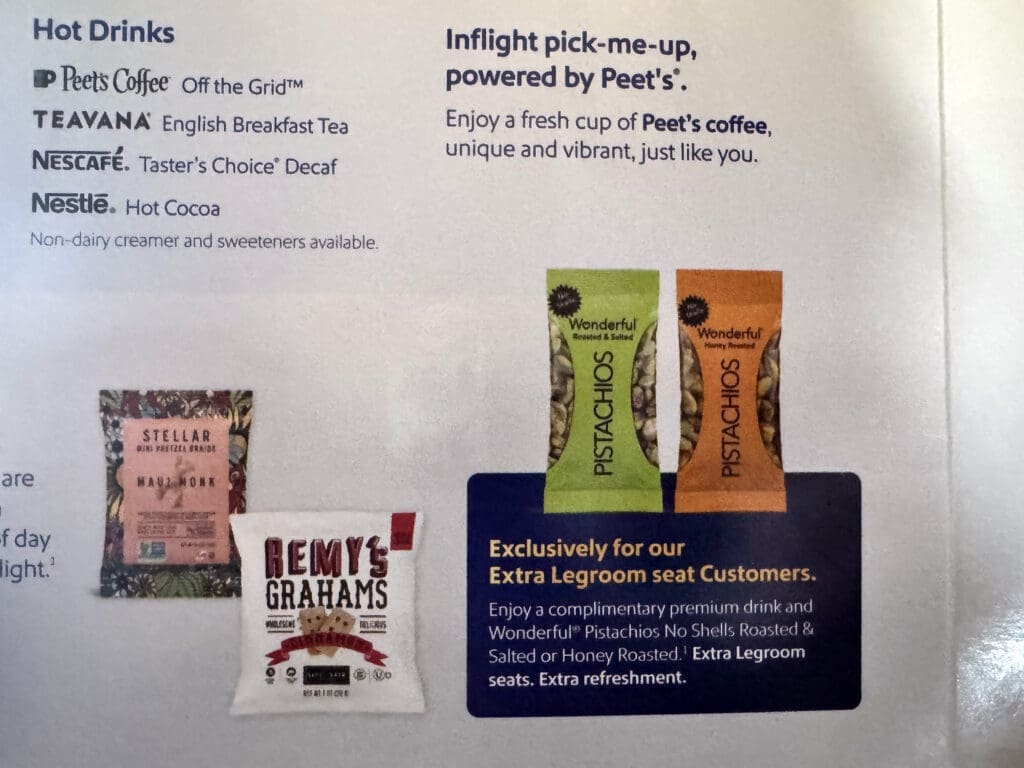 Southwest inflight menu showing Peet's hot drinks and complimentary Wonderful Pistachios offered to Extra Legroom seat customers