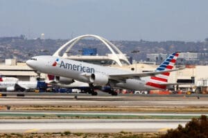 Los Angeles, CA, USA - Mar 29, 2014: American Airlines Boeing 777-200ER take off at LAX International Airport. The registration No. of this aircraft is N799AN.