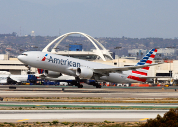Los Angeles, CA, USA - Mar 29, 2014: American Airlines Boeing 777-200ER take off at LAX International Airport. The registration No. of this aircraft is N799AN.