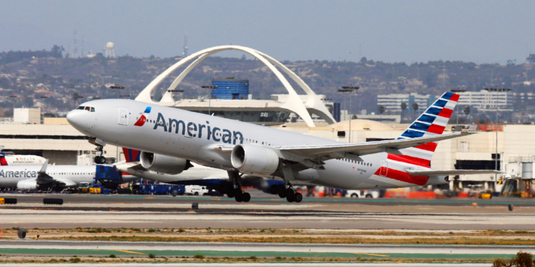 Los Angeles, CA, USA - Mar 29, 2014: American Airlines Boeing 777-200ER take off at LAX International Airport. The registration No. of this aircraft is N799AN.