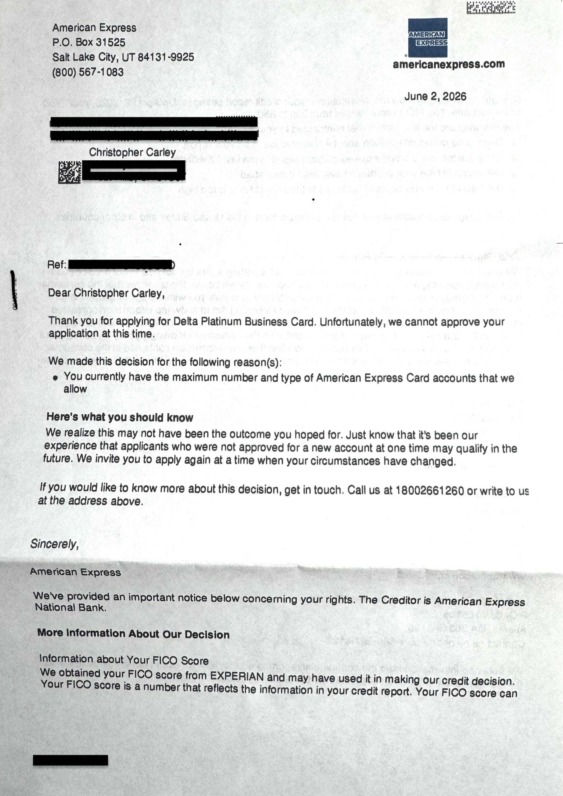 A denial letter for a Delta SkyMiles® Platinum Business Card application, citing the maximum number of cards already held.