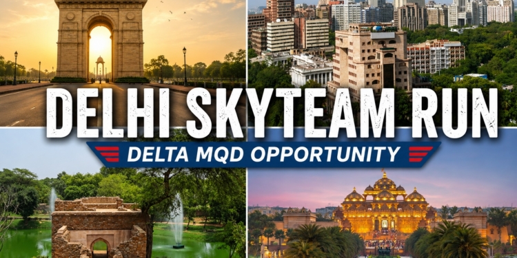 Collage including Akshardham Temple, India GateIndia, central New Delhi, and Dovecot Metcalfe's boathouse near Muhammad Quli Khan's tomb, Mehrauli Archaeological Park, Mehrauli, India, with lettering indicating a post about a Delta SkyTeam status-mileage run
