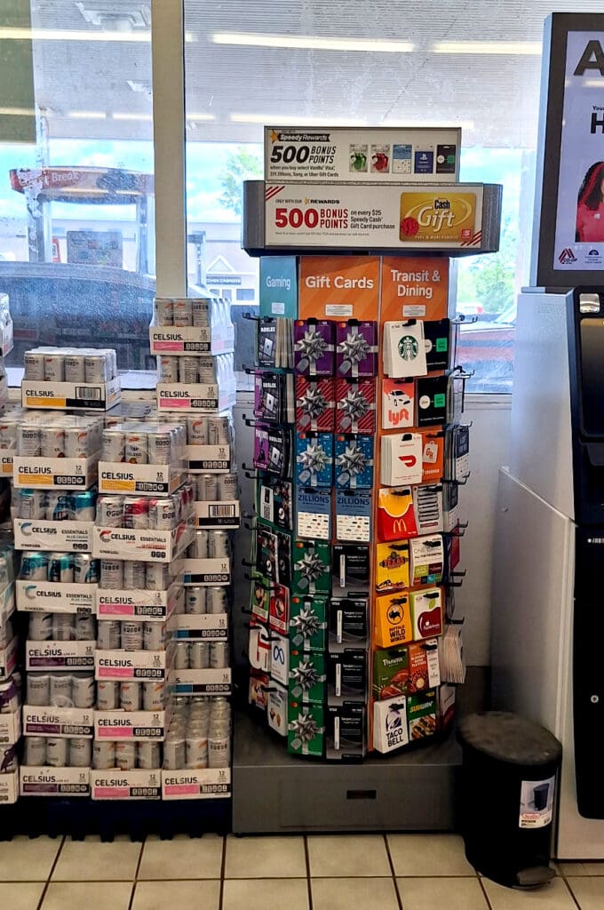 Gift card rack inside a gas station