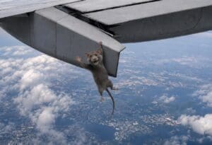 Gray rat smiling and waving while hanging from an airplane wing flap during flight