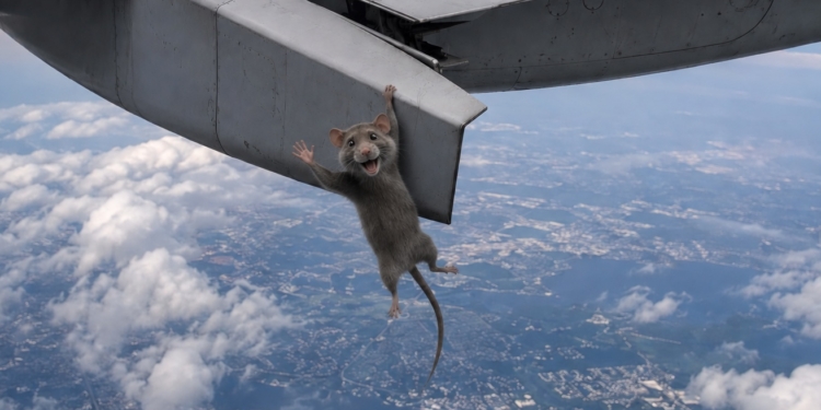 Gray rat smiling and waving while hanging from an airplane wing flap during flight