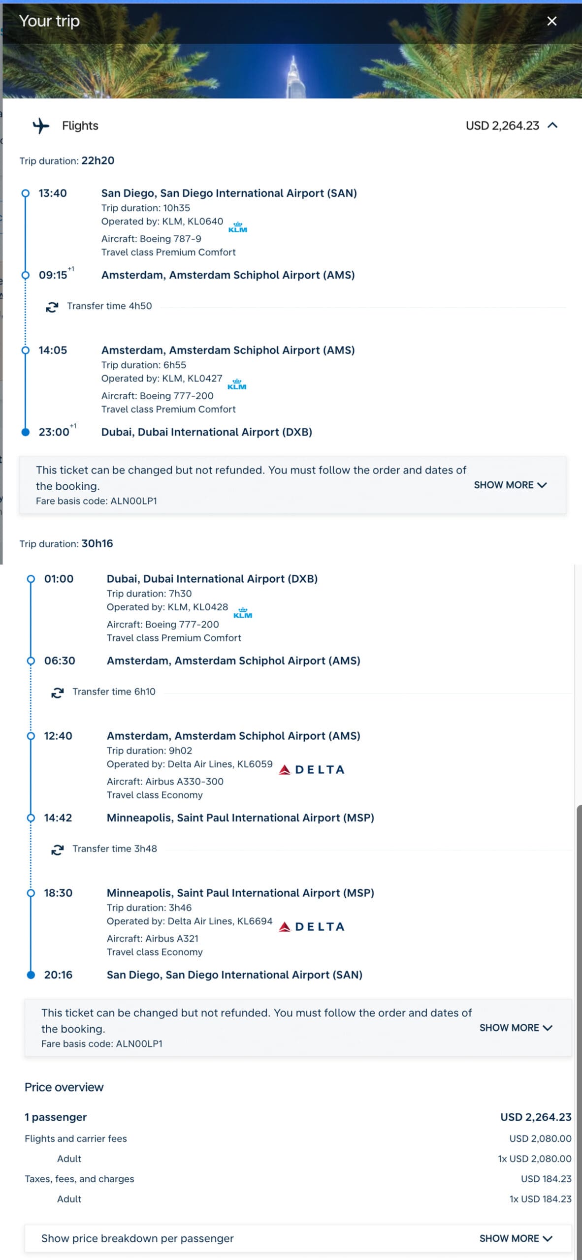 San Diego to Dubai Delta SkyTeam mileage status run itinerary on KLM August 2026