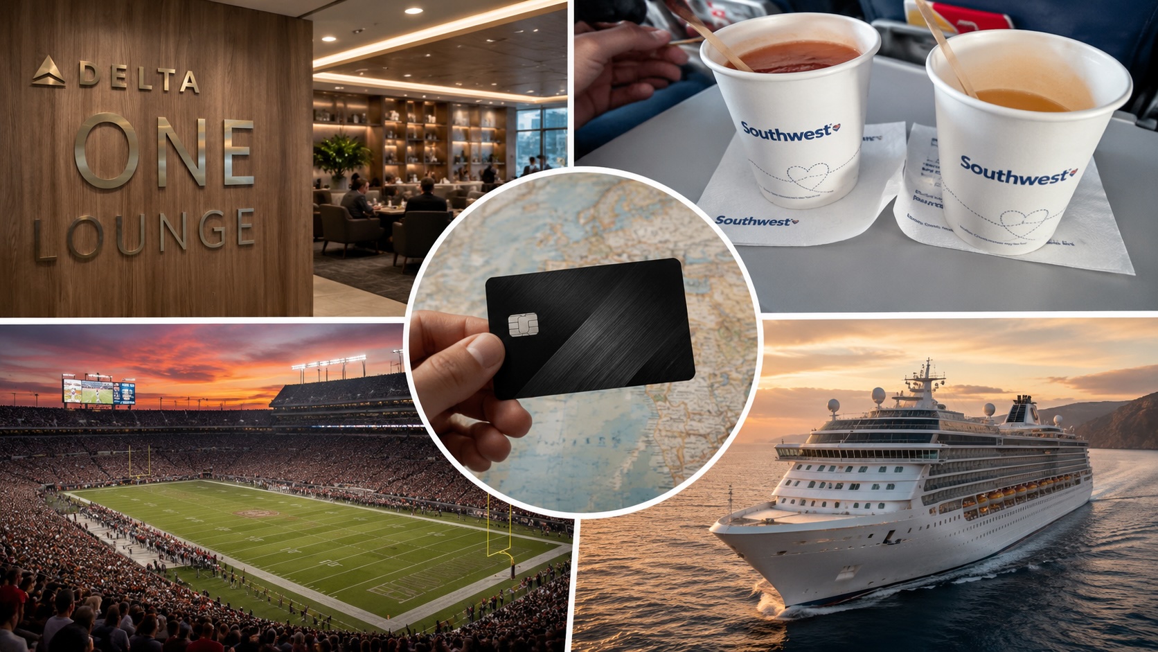 Travel collage featuring a premium airport lounge, a business credit card, a football stadium, a Southwest Airlines cabin, and a cruise ship representing this week's top travel and rewards