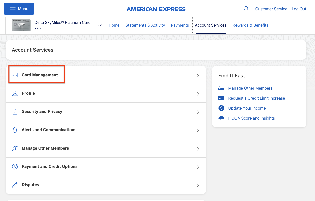 The American Express Account Services menu with Card Management highlighted as the first option.