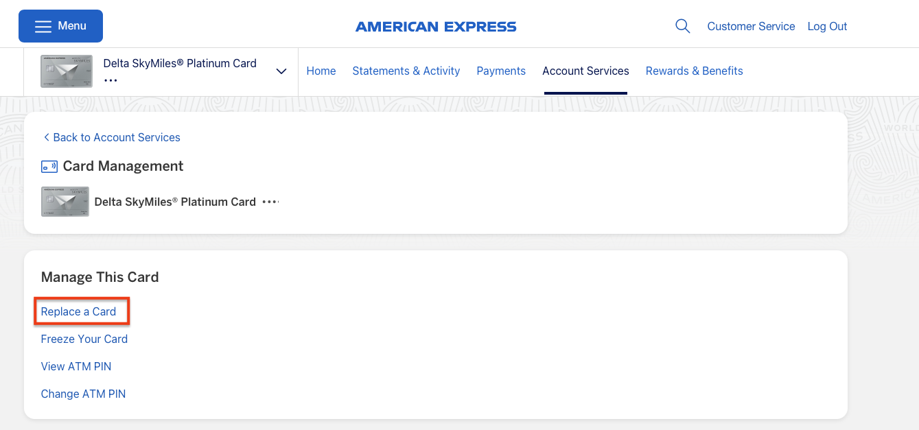 The Card Management screen for a Delta SkyMiles Platinum Card with Replace a Card highlighted under Manage This Card.