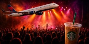 Delta plane and Starbucks iced coffee over a crowded rock concert, representing two travel rewards stories.