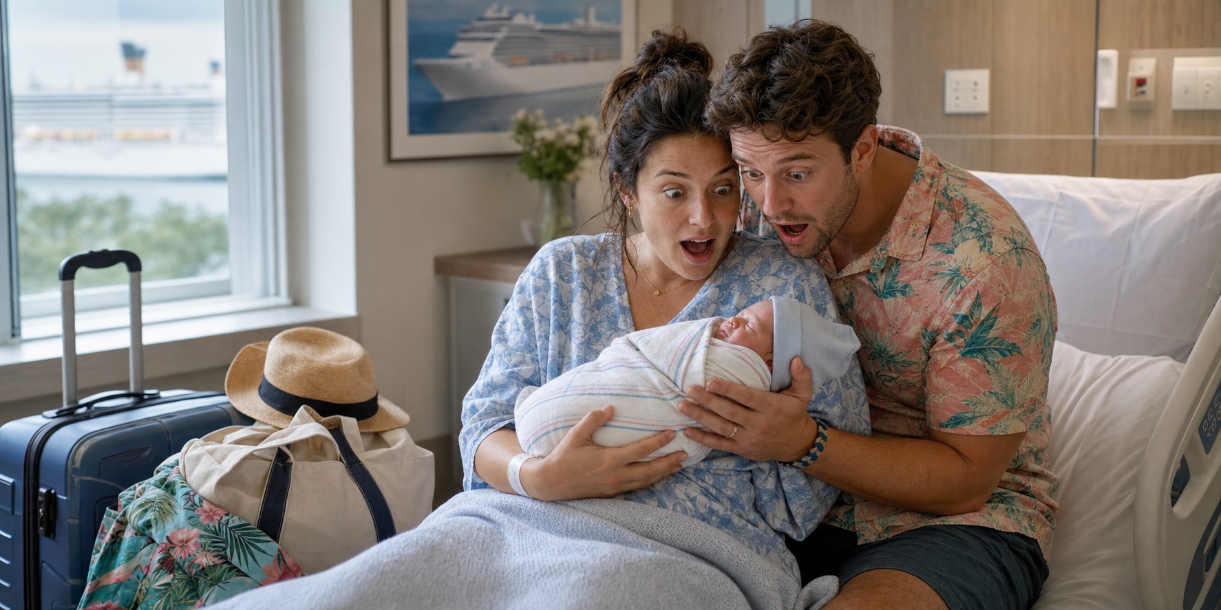 “Surprised new parents holding a swaddled newborn in a hospital room with packed cruise luggage nearby.”