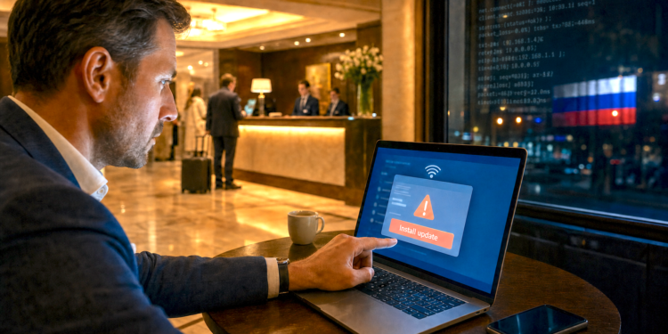 Traveler using a laptop on hotel Wi-Fi
