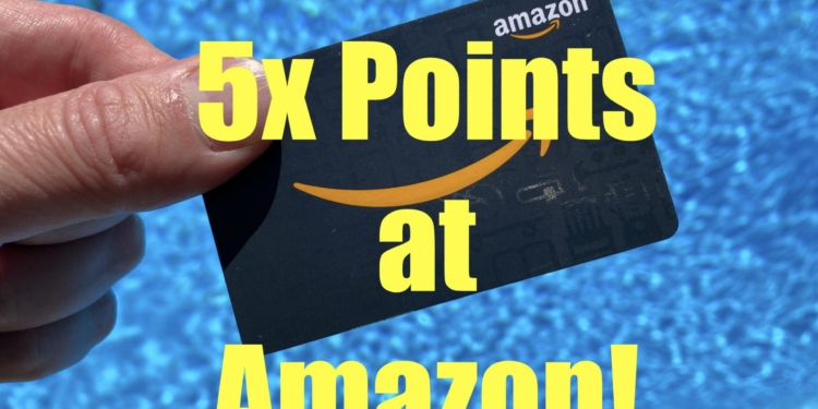 A hand is holding an Amazon gift card against a blue background, possibly water. The card features the Amazon logo. Overlaid on the image is bold yellow text that reads "5x Points at Amazon!"