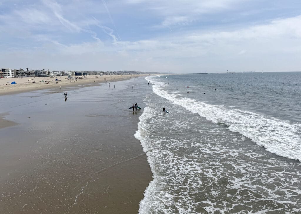 The Pacific Ocean and Venice Beach as seen from the Venice Pier in Los Angeles, California, during a visit to the Whaler Beach Bar.