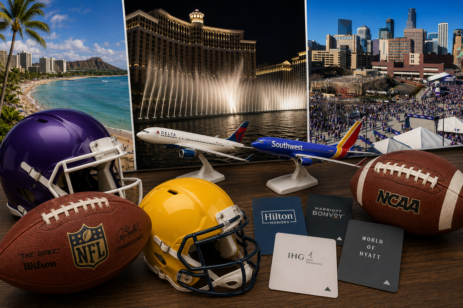 A football travel collage with photos of Honolulu, Las Vegas, and Minneapolis behind footballs, helmets, model airplanes, and hotel key cards
