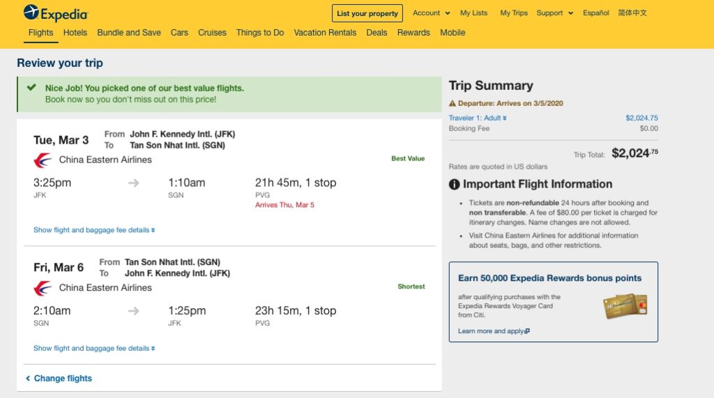 JFK to Ho Chi Minh City (SGN) business class mileage run.