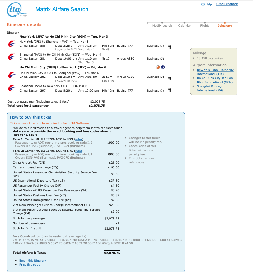 JFK to Ho Chi Minh City (SGN) business class mileage run.