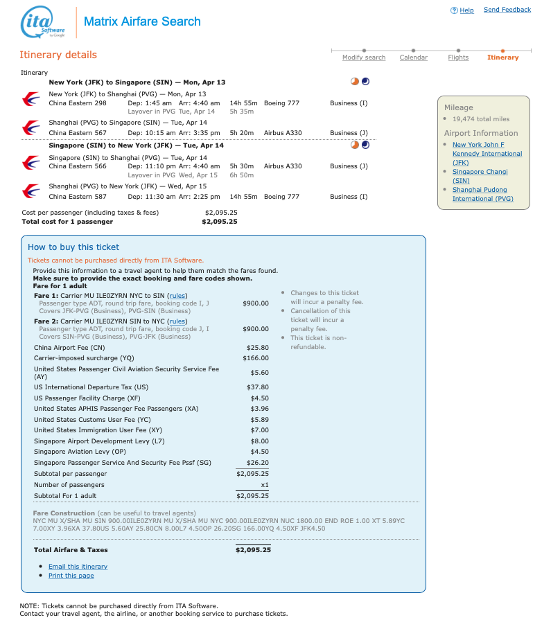 JFK to Singapore China Eastern business class mileage run