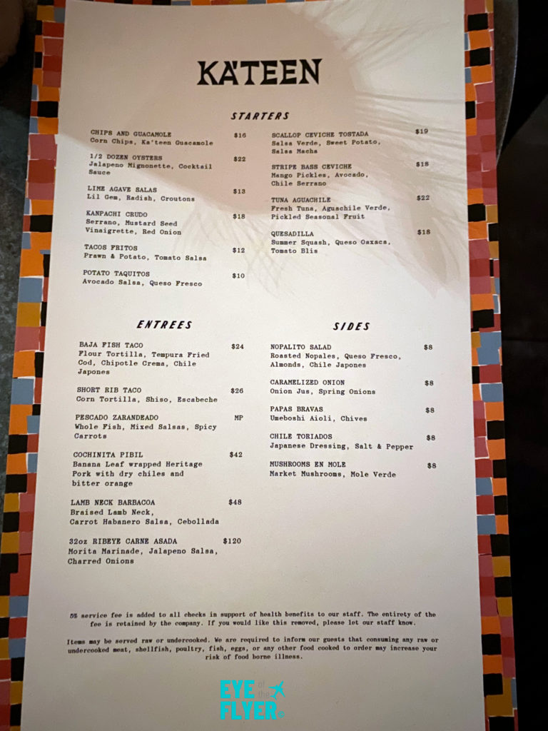 KA'TEEN restaurant menu at tommie Hollywood Hyatt hotel