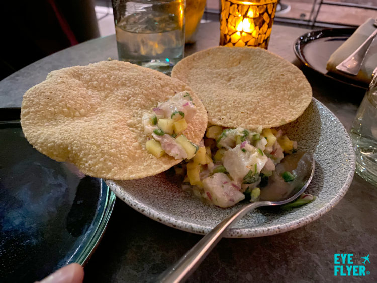 Scallop ceviche tostada served at KA'TEEN restaurant at tommie Hollywood hotel