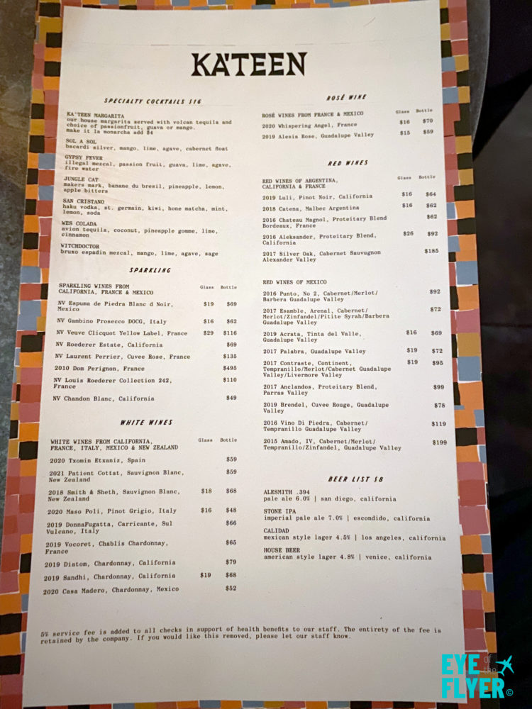 KA'TEEN restaurant cocktail and wine menu at tommie Hollywood Hyatt hotel