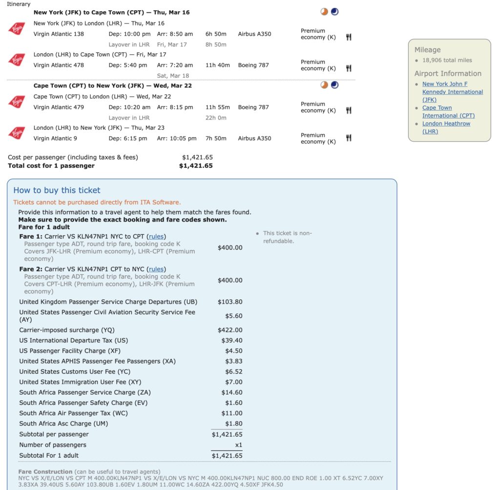 JFK to Cape Town, South Africa mileage run / vacation run on Virgin Atlantic in early 2023.